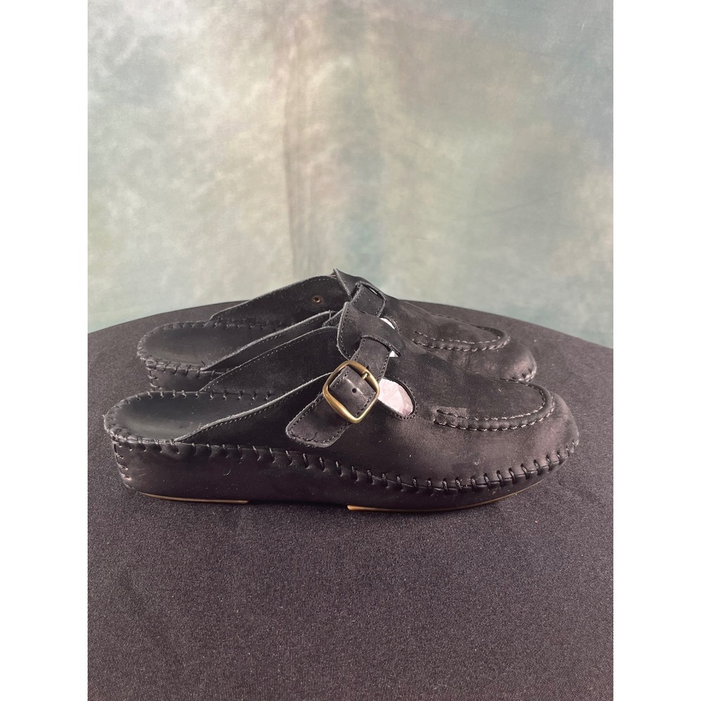 La Plume Black Leather Mules Italian‎ Whipstitch Clogs Monk Strap Womens 39